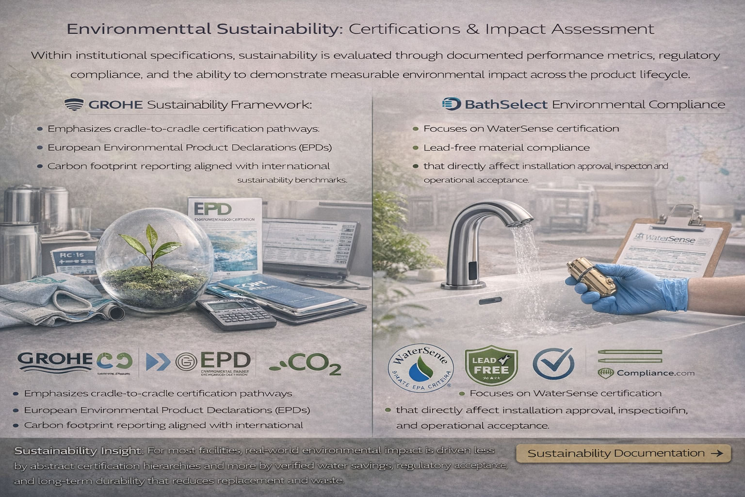 Environmental sustainability frameworks illustrating product certifications, water efficiency standards, and lifecycle impact assessment